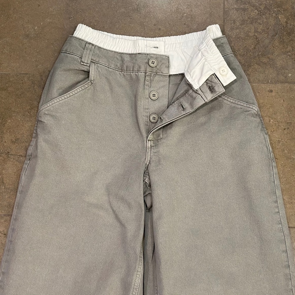 Topshop Boxer Waistband Cotton-Blend Wide-Leg Denim Pants (Grey/White) - Picture 12 of 16